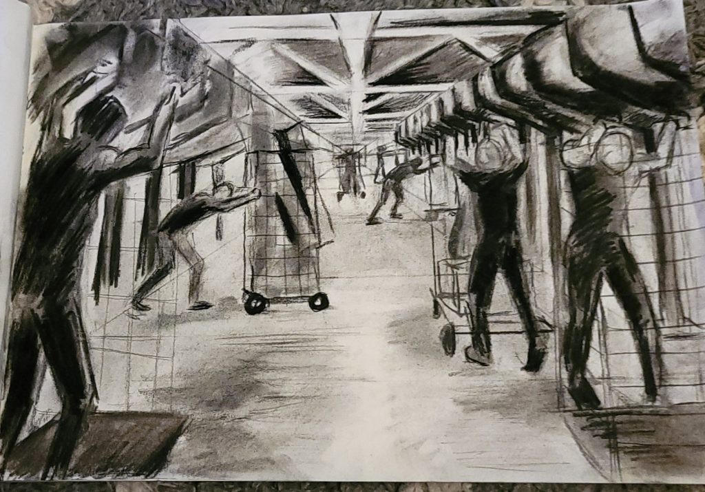 Charcoal Drawing. 'Inside a Distribution Warehouse'.' 