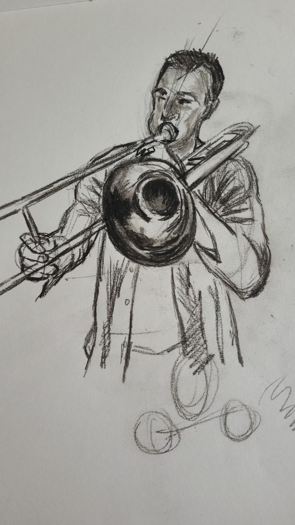 Trombonist male. frontal view.